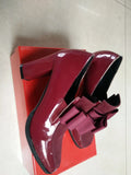 Women's patent leather high heels with thick heel above 8cm and square toe in black and wine red