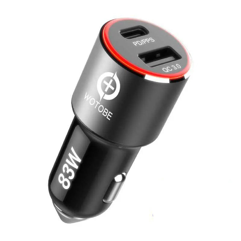 83W dual-port fast car charger with USB-C and QC3.0 ports for laptops and smartphones