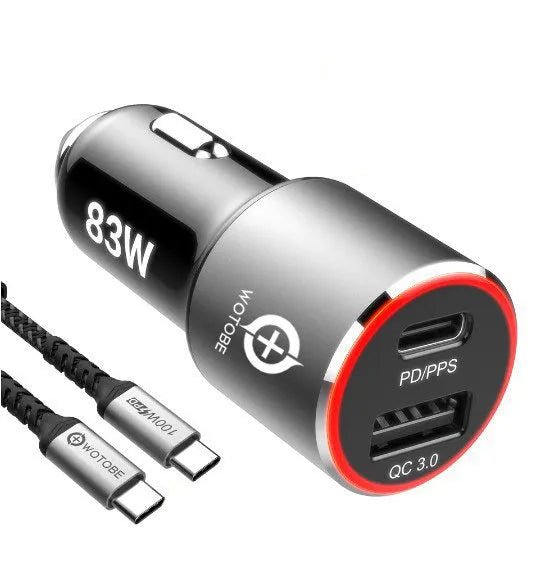 83W dual-port fast car charger with USB-C and QC3.0 ports for laptops and smartphones