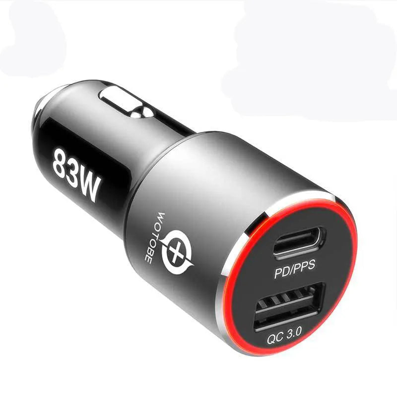 83W dual-port fast car charger with USB-C and QC3.0 ports for laptops and smartphones