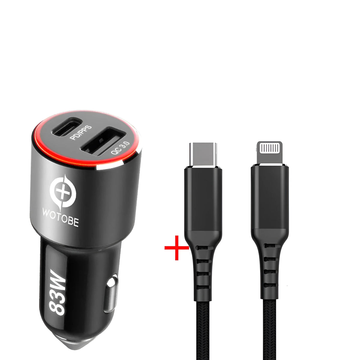83W dual-port fast car charger with USB-C and QC3.0 ports for laptops and smartphones