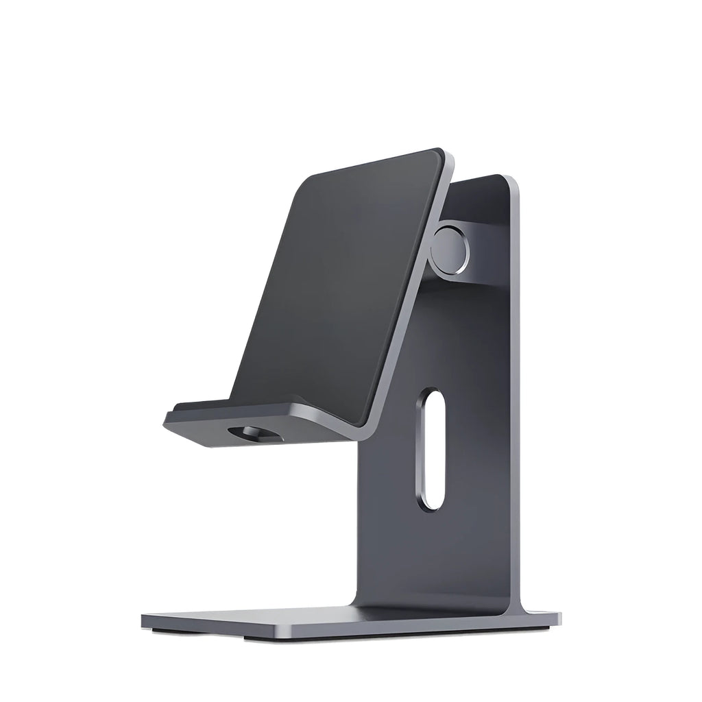Alloy universal mobile phone holder stand in dark grey or silver on a desktop