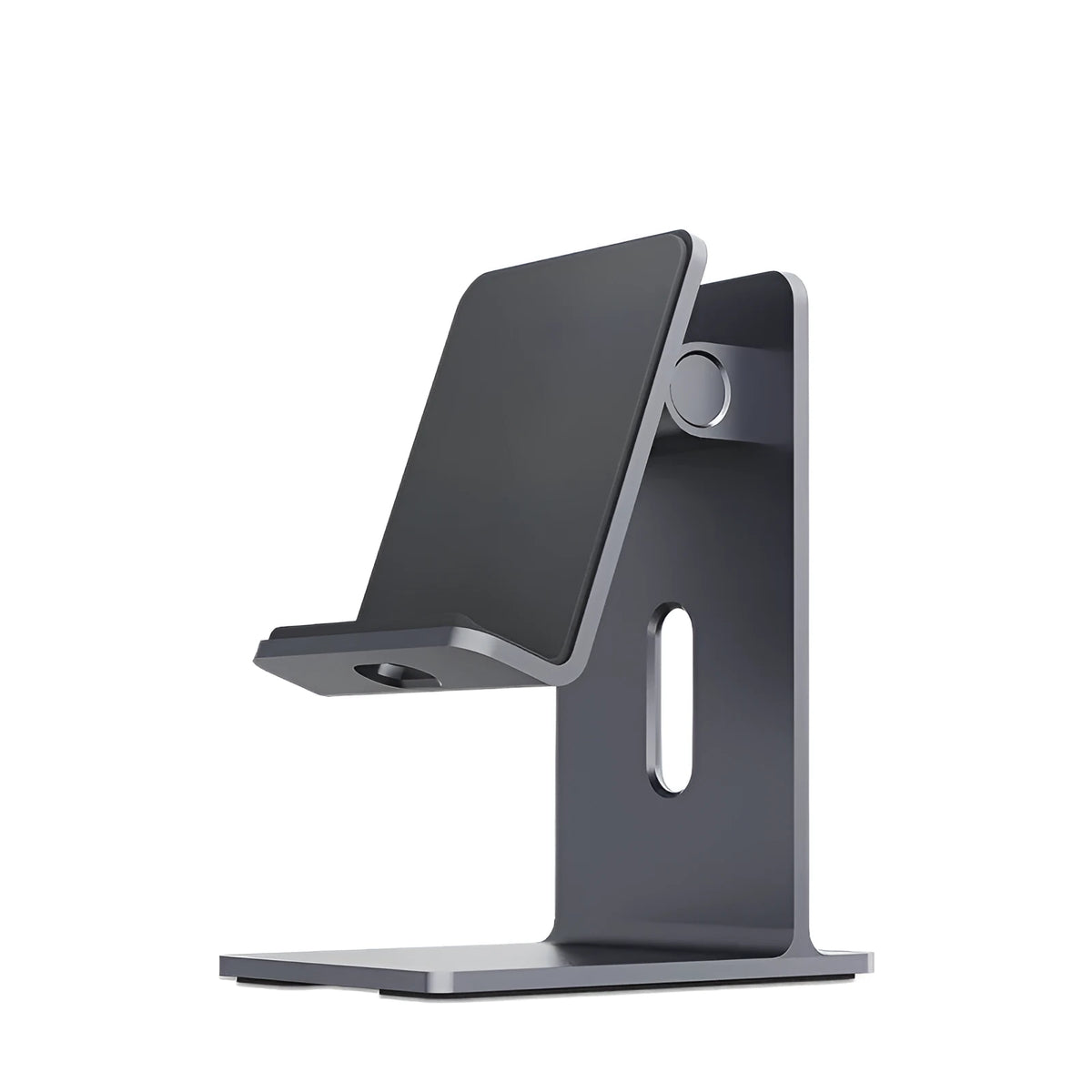 Alloy universal mobile phone holder stand in dark grey or silver on a desktop
