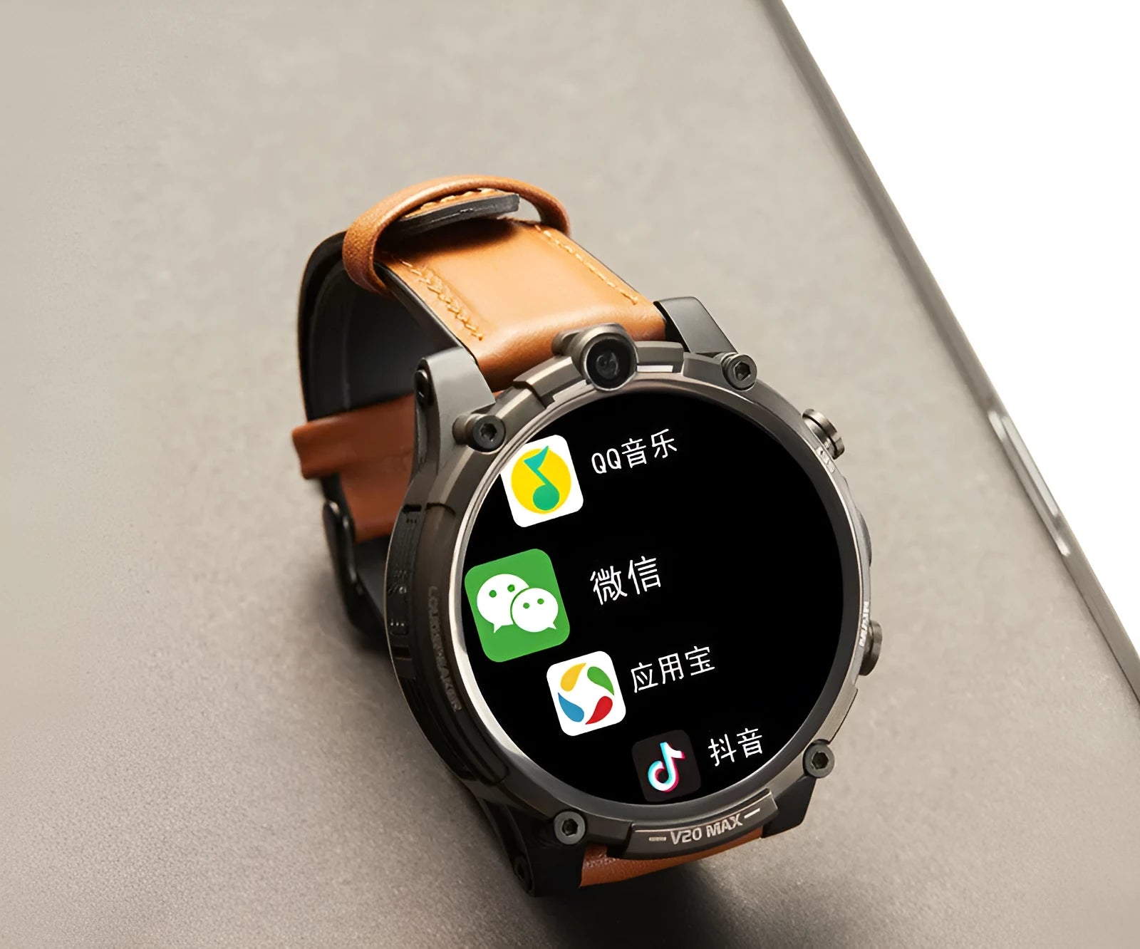 Black 4G smart watch with 1.6 inch screen, dual cameras and heart rate monitor on wrist strap