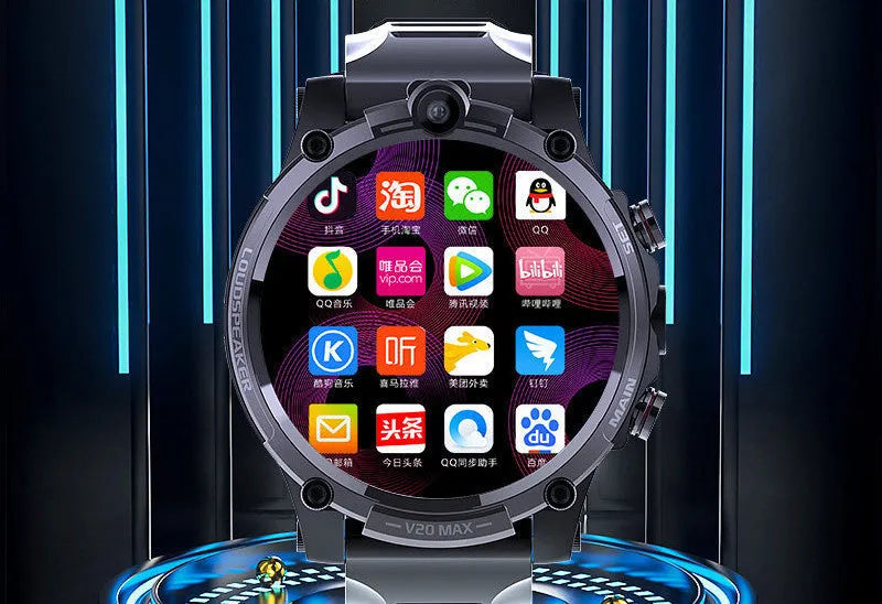 Black 4G smart watch with 1.6 inch screen, dual cameras and heart rate monitor on wrist strap