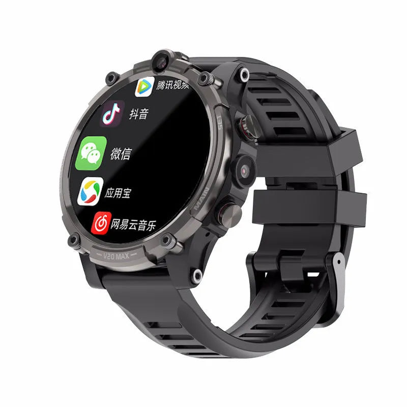 Black 4G smart watch with 1.6 inch screen, dual cameras and heart rate monitor on wrist strap