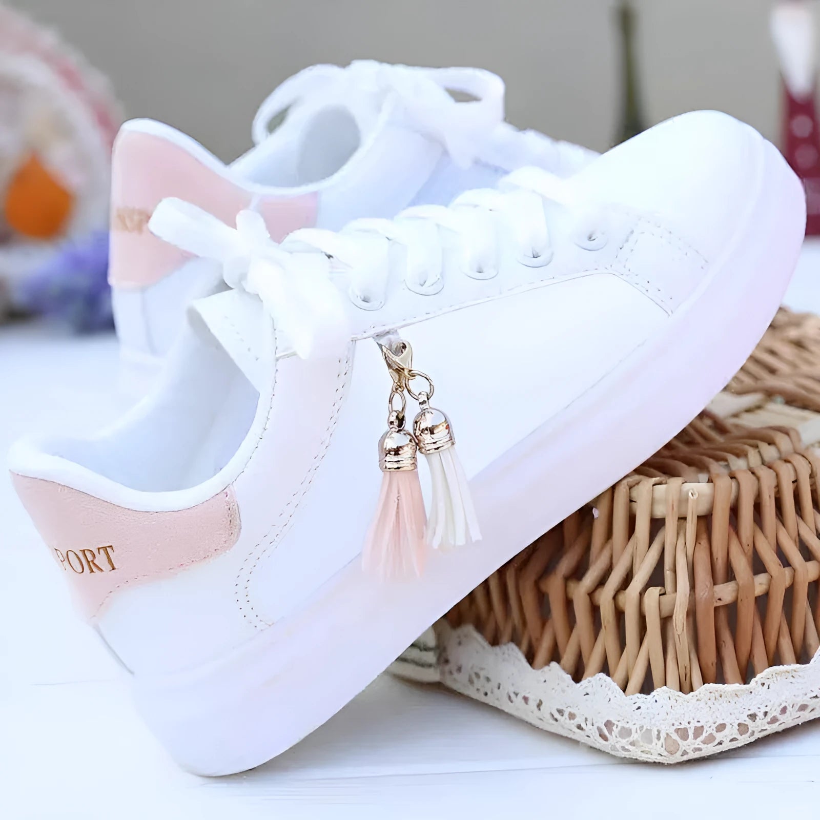 White and pink women's mesh fashion sneakers with a flat rubber sole and 4cm heel.