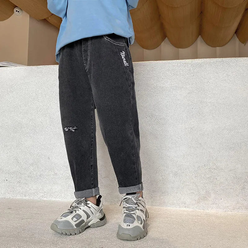 Boys' jeans in black and blue, cotton blend, Korean style, sizes 110cm to 160cm