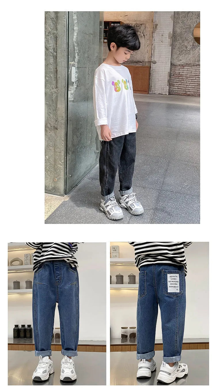 Boys' jeans in black and blue, cotton blend, Korean style, sizes 110cm to 160cm