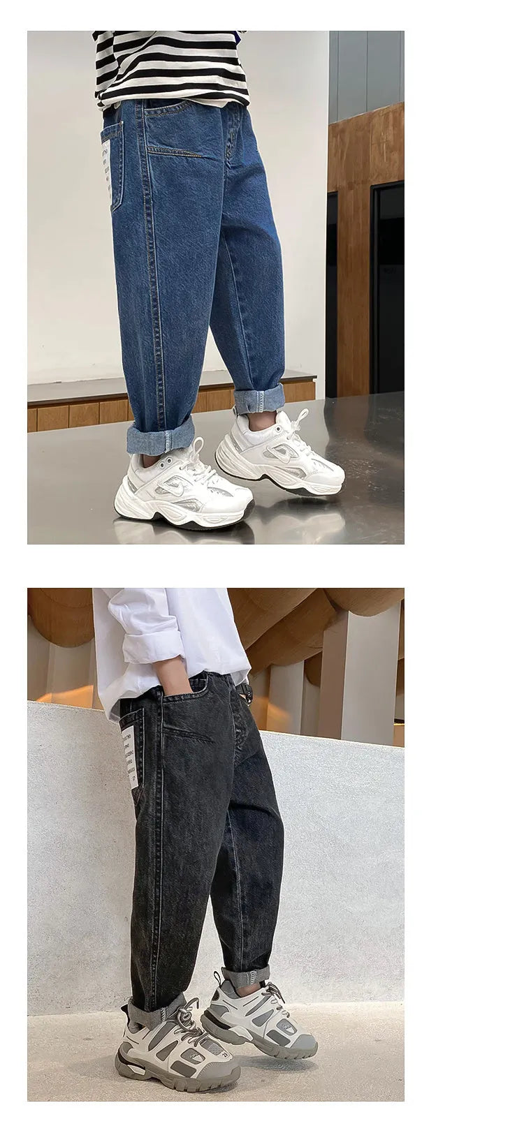 Boys' jeans in black and blue, cotton blend, Korean style, sizes 110cm to 160cm