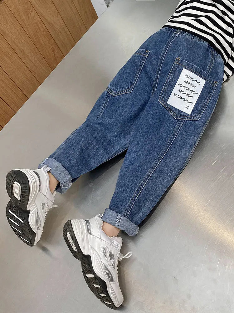 Boys' jeans in black and blue, cotton blend, Korean style, sizes 110cm to 160cm