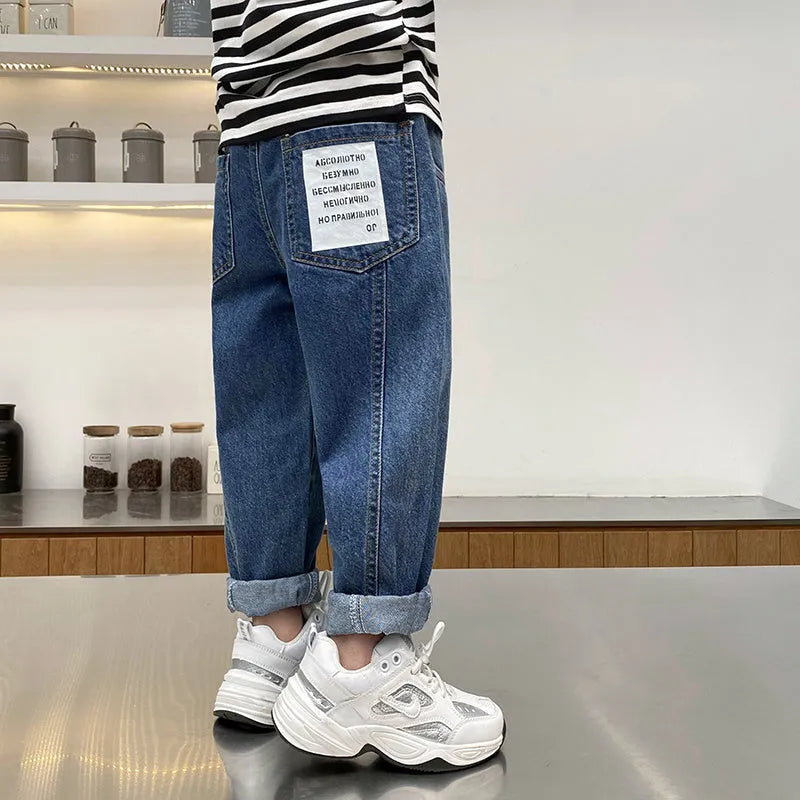 Boys' jeans in black and blue, cotton blend, Korean style, sizes 110cm to 160cm