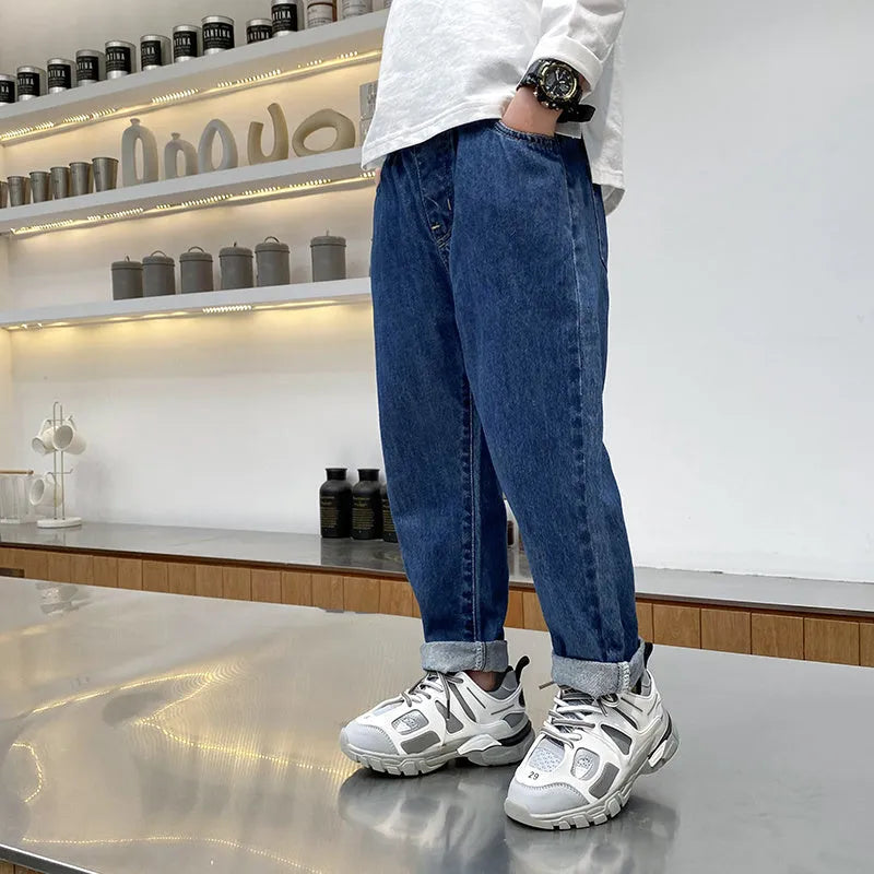 Boys' jeans in black and blue, cotton blend, Korean style, sizes 110cm to 160cm