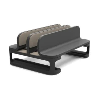 Aluminium alloy notebook vertical stand in gray with an Apple MacBook inserted in a desk setup
