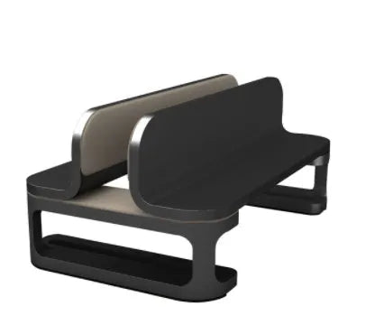 Aluminium alloy notebook vertical stand in gray with an Apple MacBook inserted in a desk setup