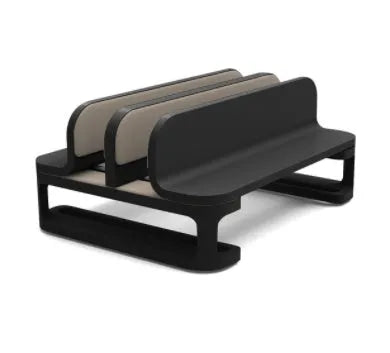 Aluminium alloy notebook vertical stand in gray with an Apple MacBook inserted in a desk setup