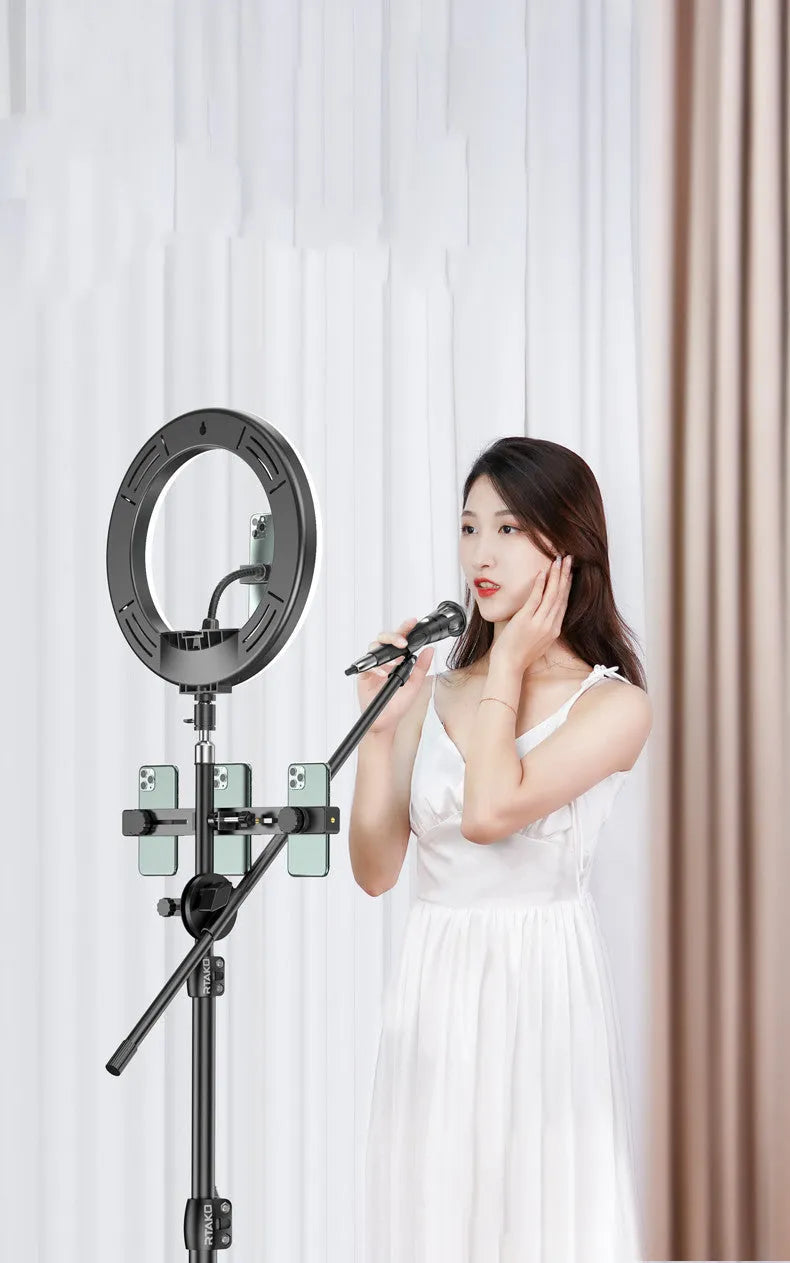Carbon alloy phone tripod with LED ring light in three height options for iPhone live streaming
