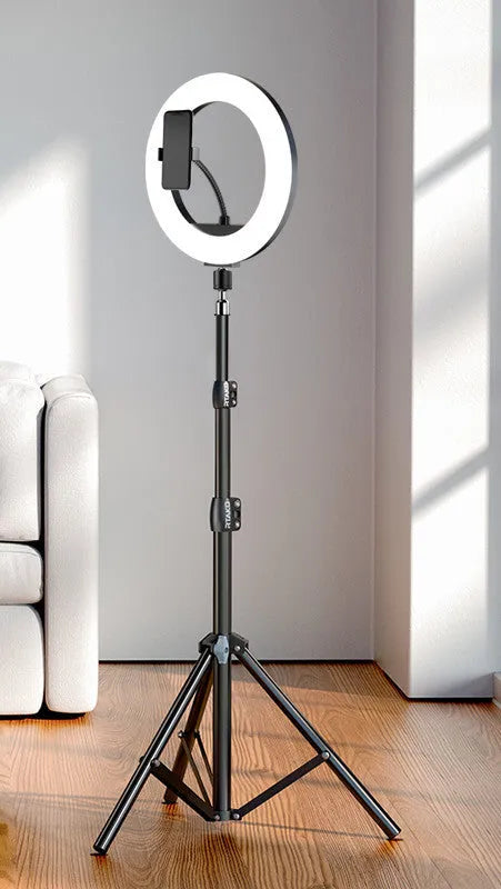 Carbon alloy phone tripod with LED ring light in three height options for iPhone live streaming
