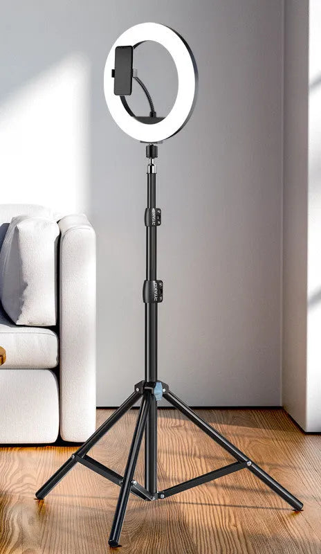 Carbon alloy phone tripod with LED ring light in three height options for iPhone live streaming