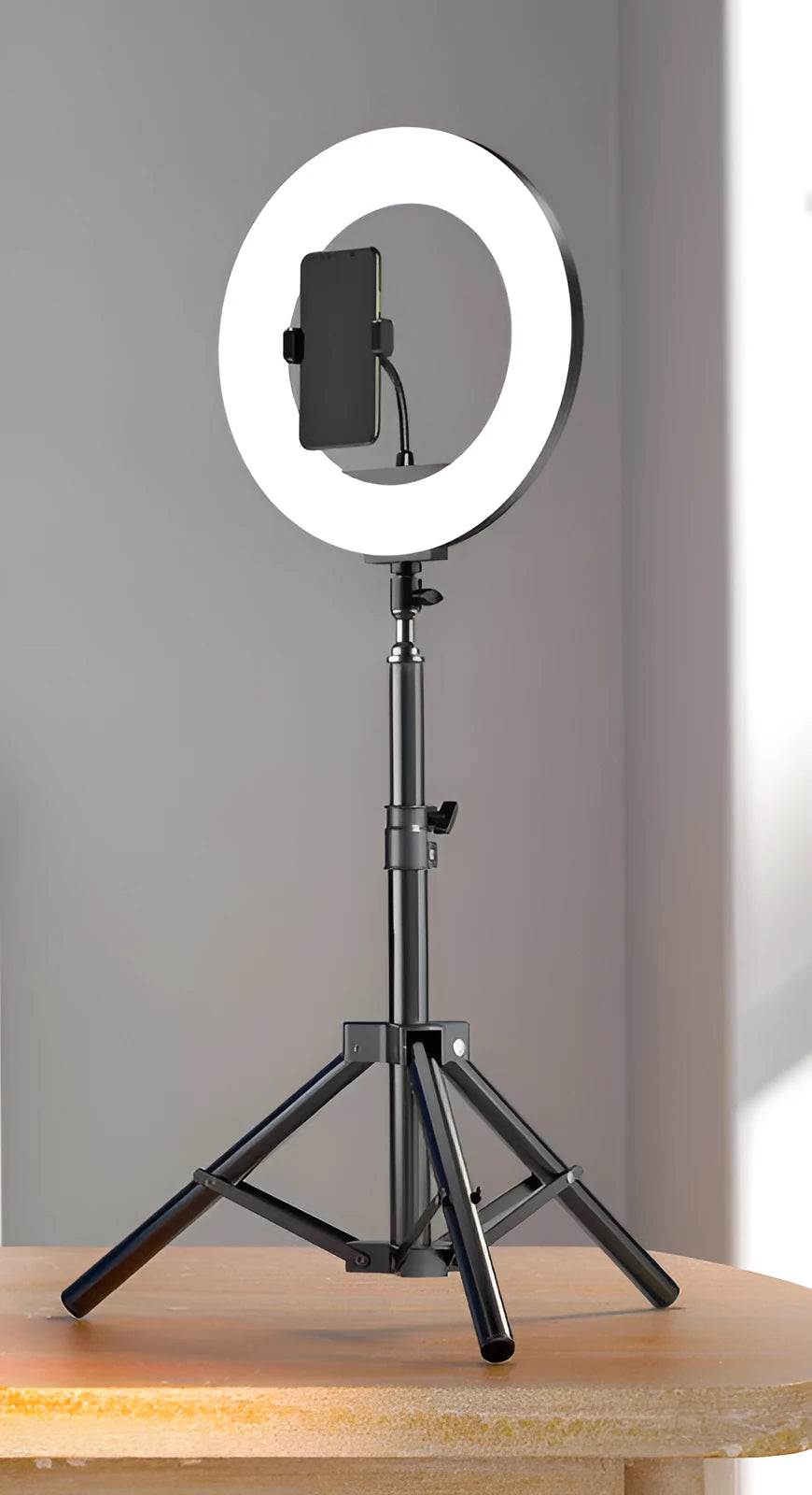 Carbon alloy phone tripod with LED ring light in three height options for iPhone live streaming
