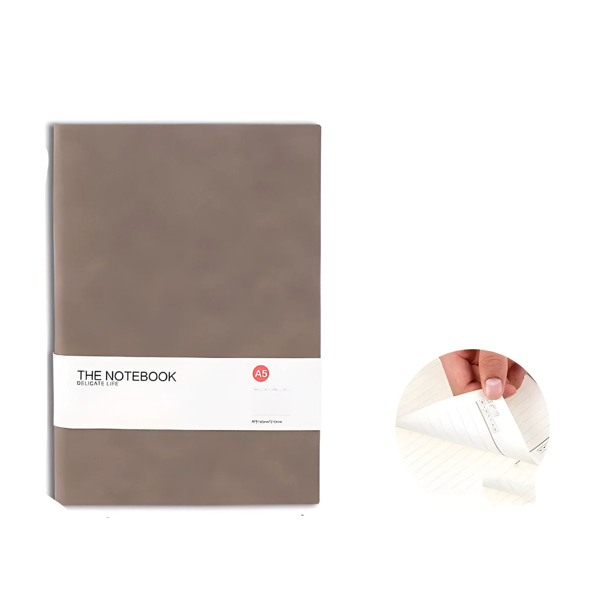 Simple solid colour A5 notebook with thickened pages open on a desk, showing lined paper.