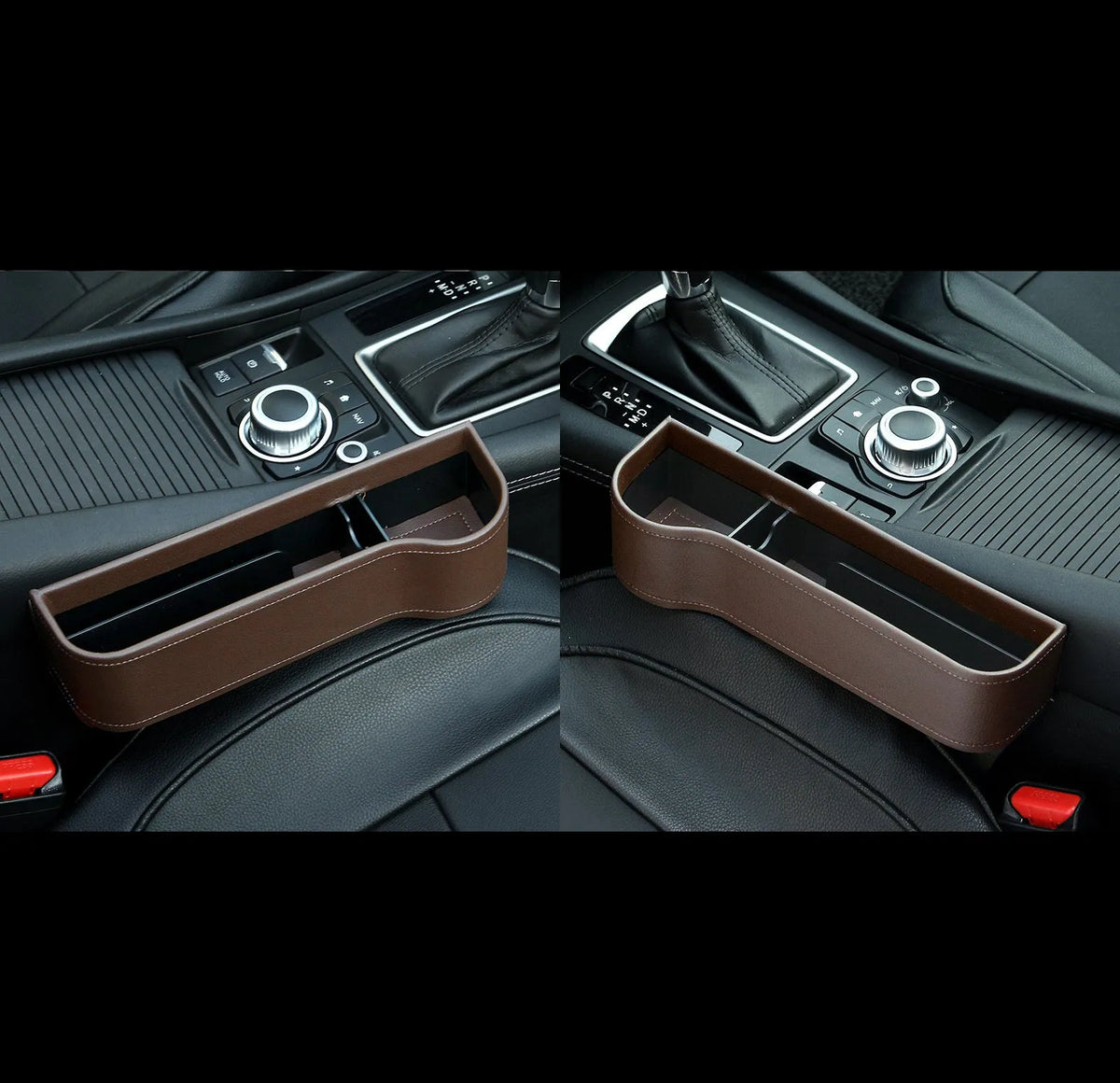Car storage box in leather and plastic, shown in beige, black, brown, or red with left, right, or one pair options