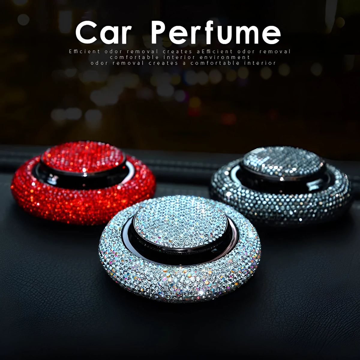 Flying saucer car perfume with electroplated alloy body and crystal drill in white, red, or black grey.