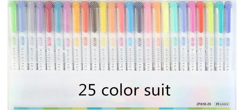 25 colour double head highlighter pen set with calm, light, warm, and fluorescent shades in boxed packaging