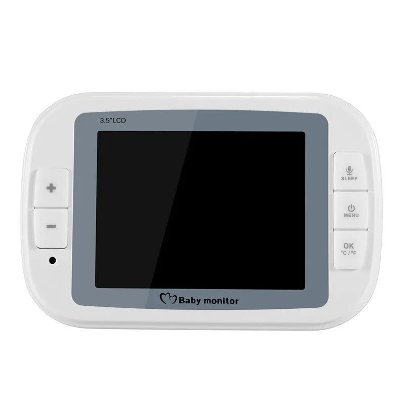 White wireless baby monitor with 3.5-inch screen showing nursery night vision view