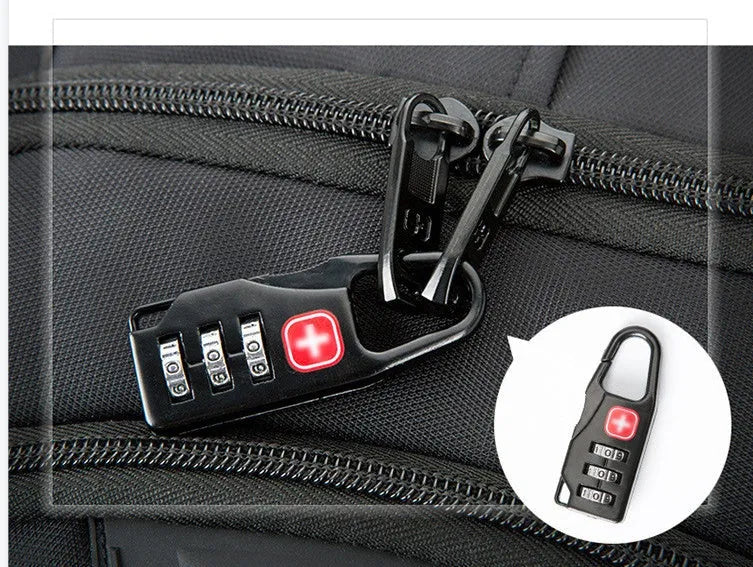 Black nylon backpack with USB port, 36-55L capacity, and 15 or 17 inch size options