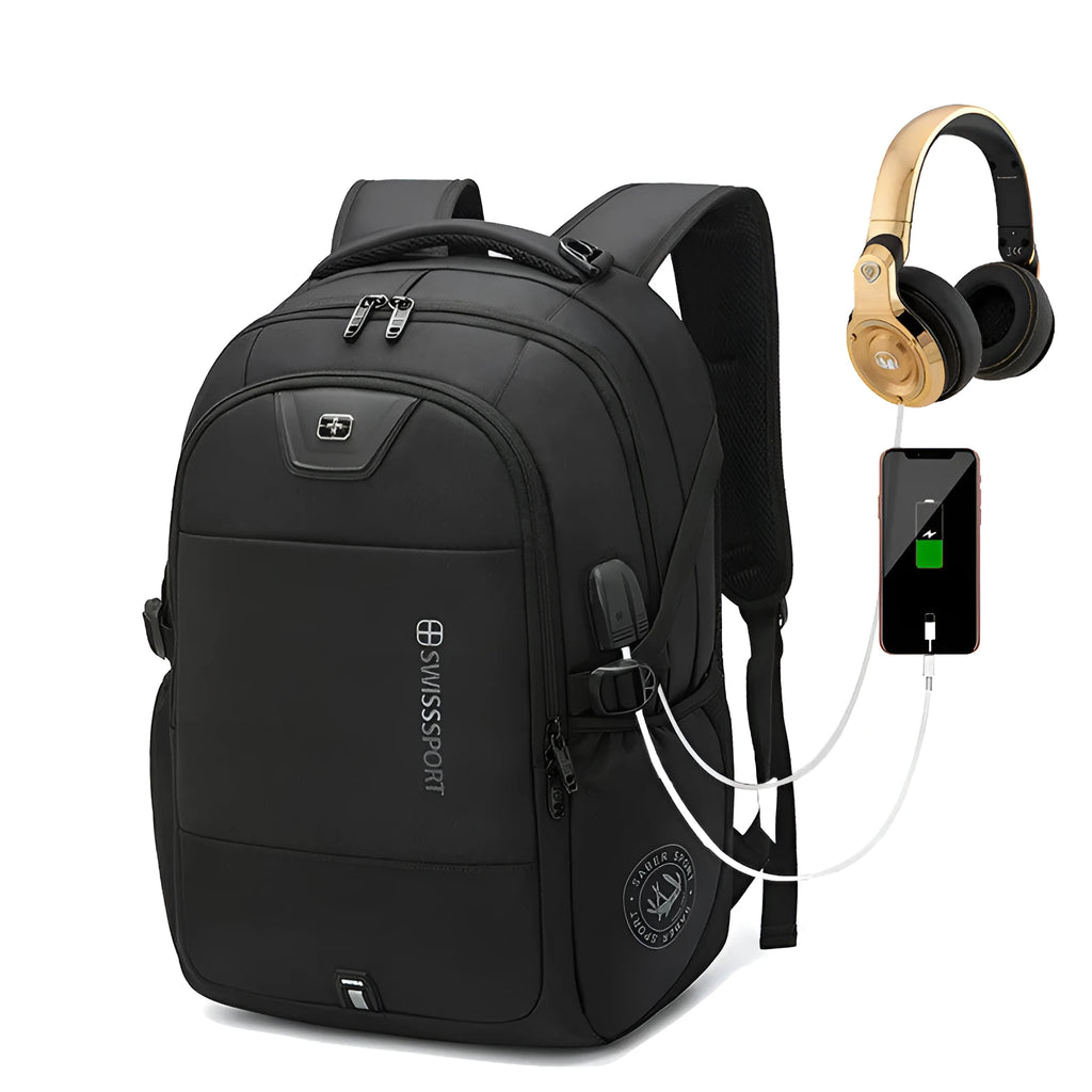 Black nylon backpack with USB port, 36-55L capacity, and 15 or 17 inch size options