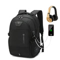 Black nylon backpack with USB port, 36-55L capacity, and 15 or 17 inch size options