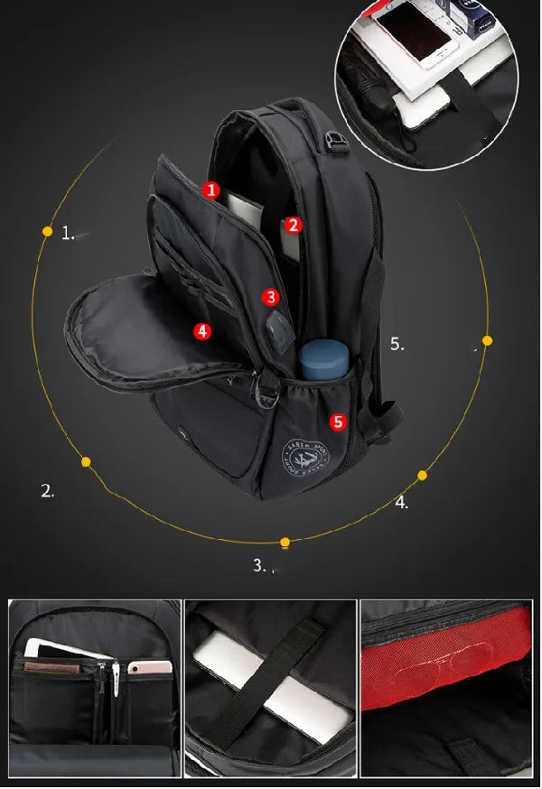 Black nylon backpack with USB port, 36-55L capacity, and 15 or 17 inch size options