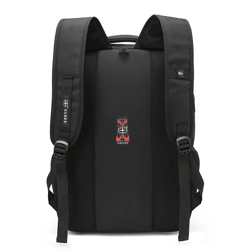 Black nylon backpack with USB port, 36-55L capacity, and 15 or 17 inch size options