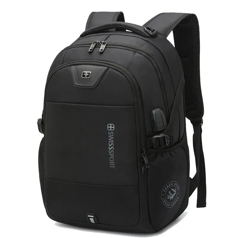 Black nylon backpack with USB port, 36-55L capacity, and 15 or 17 inch size options
