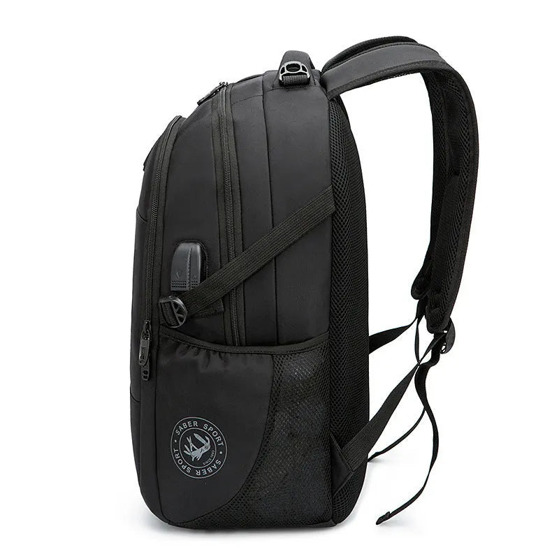 Black nylon backpack with USB port, 36-55L capacity, and 15 or 17 inch size options