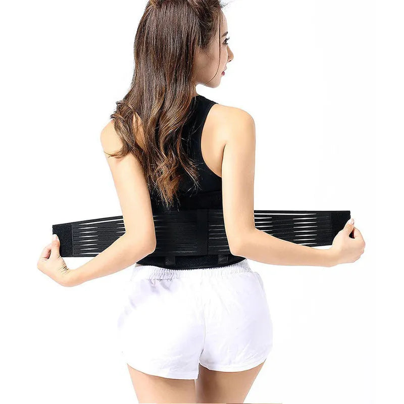 Self-heating magnetic waist protection belt in black or beige, adjustable for lumbar support.