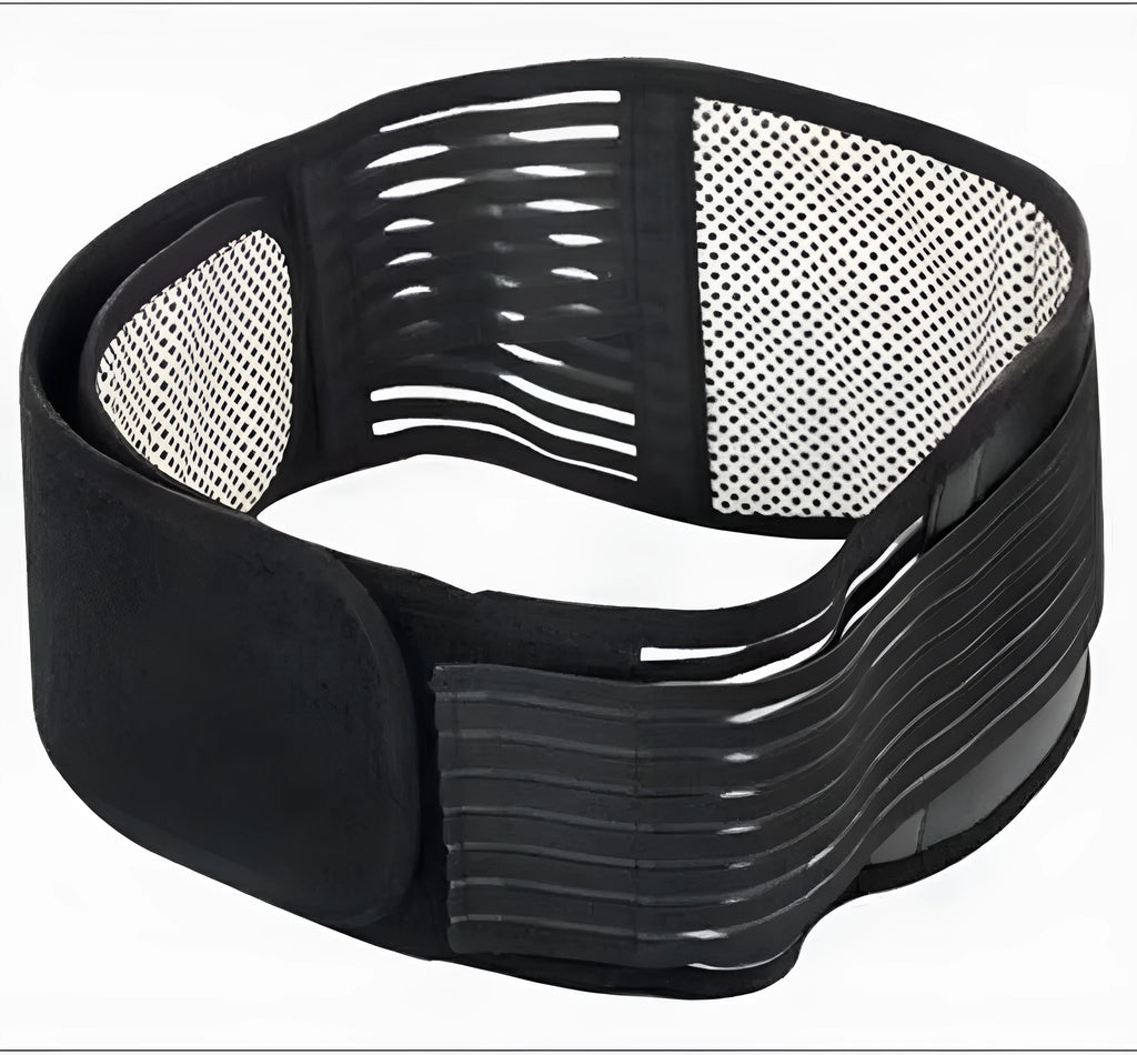 Self-heating magnetic waist protection belt in black or beige, adjustable for lumbar support.