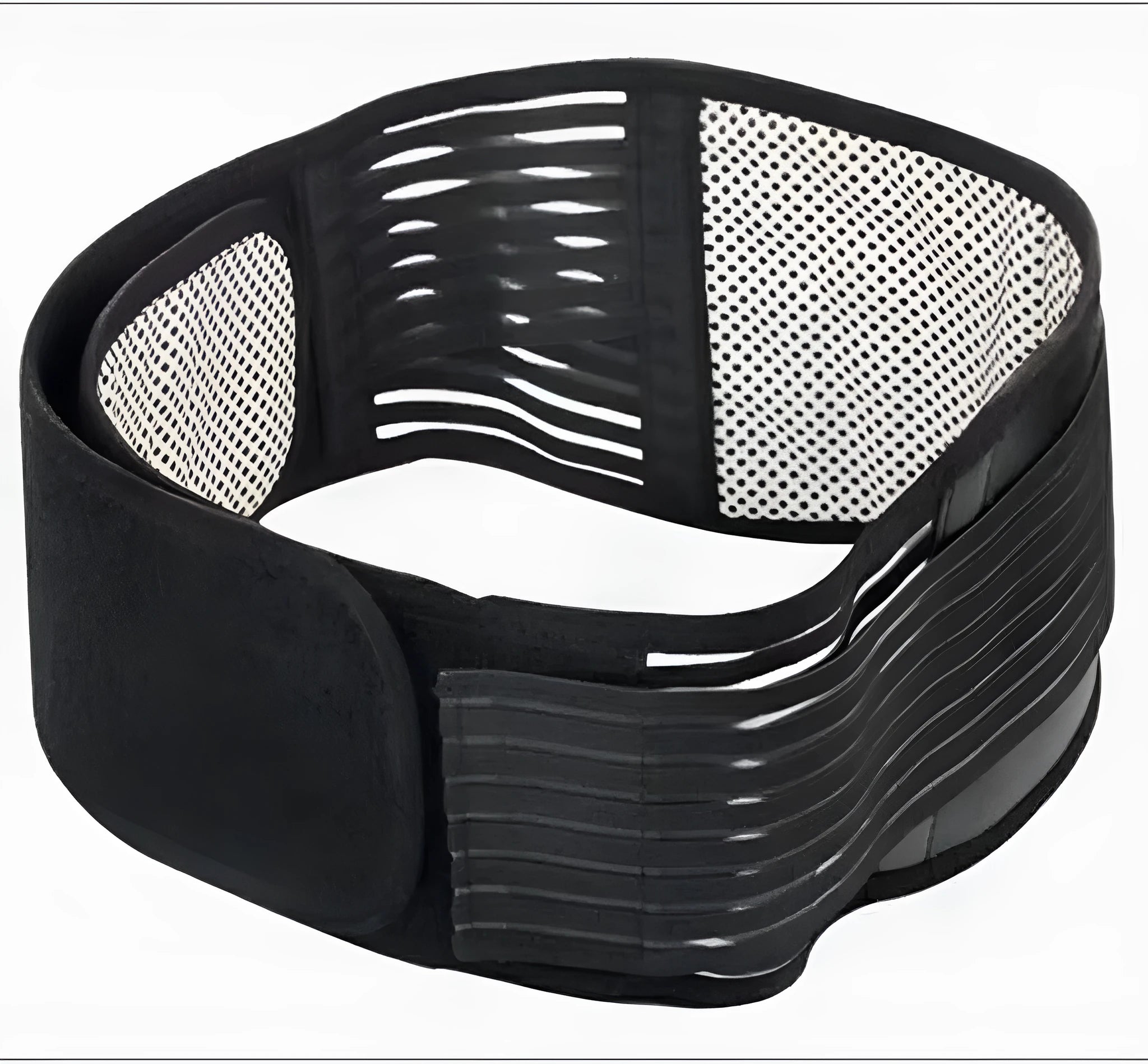 Self-heating magnetic waist protection belt in black or beige, adjustable for lumbar support.