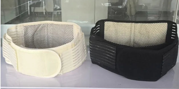 Self-heating magnetic waist protection belt in black or beige, adjustable for lumbar support.