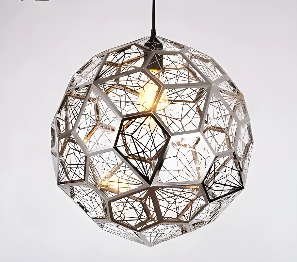 Stainless steel polyhedron diamond ball chandelier with geometric metal mesh shade in silver, titanium gold, or rose gold, 25cm or 30cm