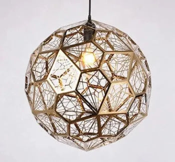 Stainless steel polyhedron diamond ball chandelier with geometric metal mesh shade in silver, titanium gold, or rose gold, 25cm or 30cm