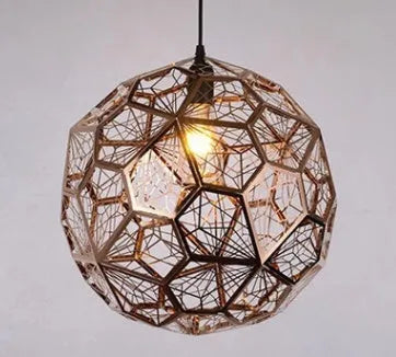 Stainless steel polyhedron diamond ball chandelier with geometric metal mesh shade in silver, titanium gold, or rose gold, 25cm or 30cm