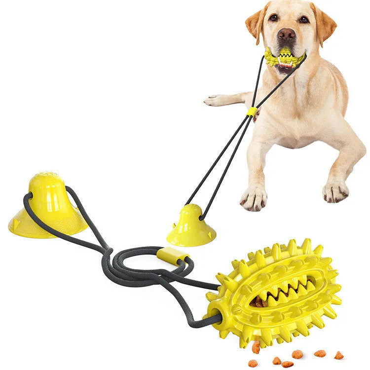 TPR sucker dog toy cactus with suction cup, tug of war molar stick and leaking ball, green lake blue yellow
