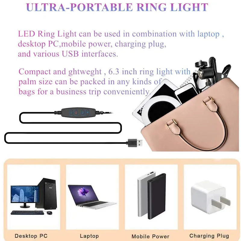 6‑inch golden USB LED video conference light with pan‑tilt clip, 2200‑5500K adjustable, 8W.