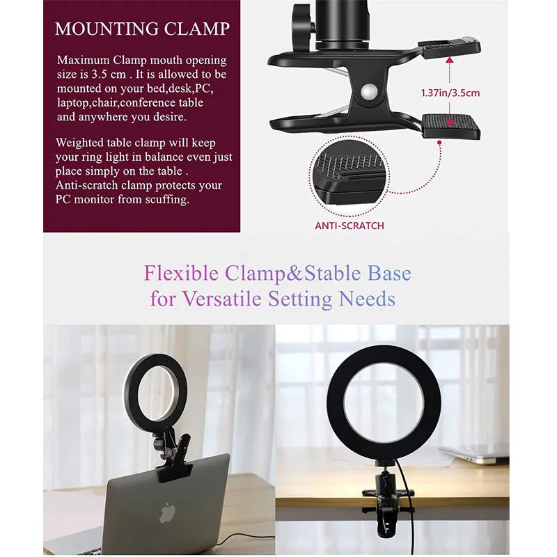 6‑inch golden USB LED video conference light with pan‑tilt clip, 2200‑5500K adjustable, 8W.