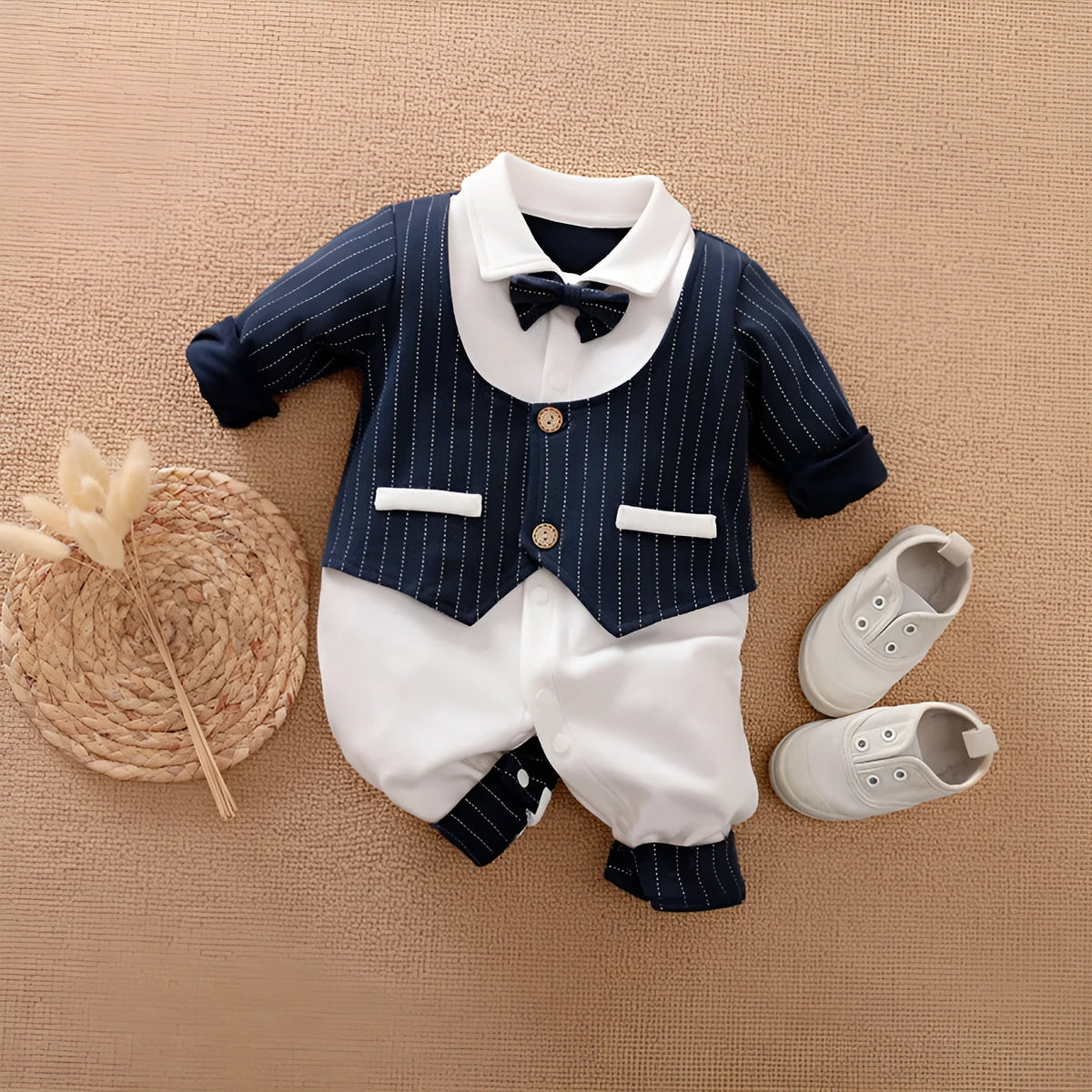 Cotton baby jumpsuit in navy blue gentleman style for spring and autumn wear.