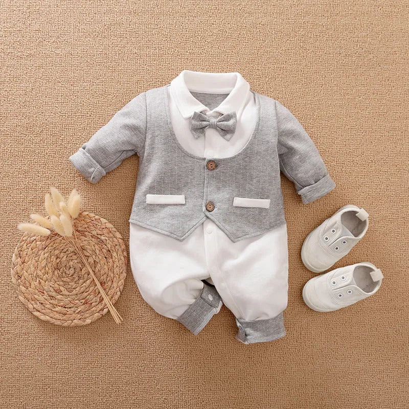 Cotton baby jumpsuit in navy blue gentleman style for spring and autumn wear.