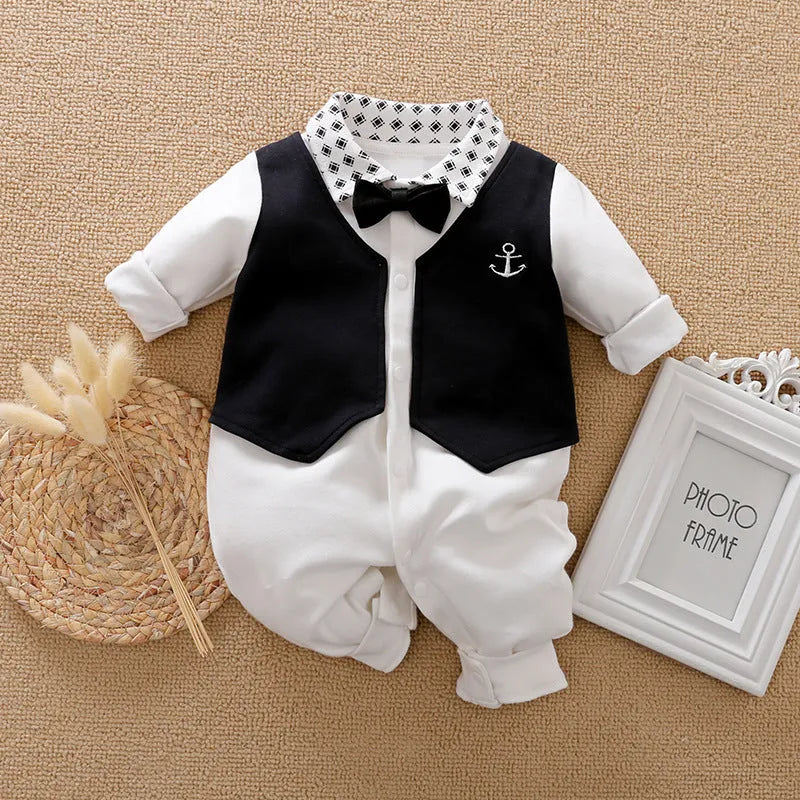 Cotton baby jumpsuit in navy blue gentleman style for spring and autumn wear.