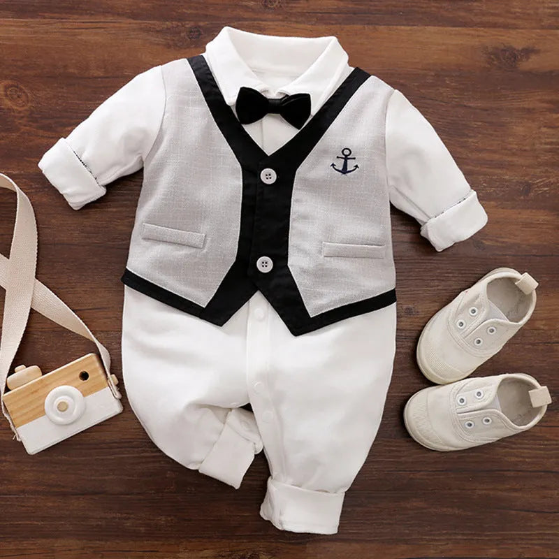 Cotton baby jumpsuit in navy blue gentleman style for spring and autumn wear.
